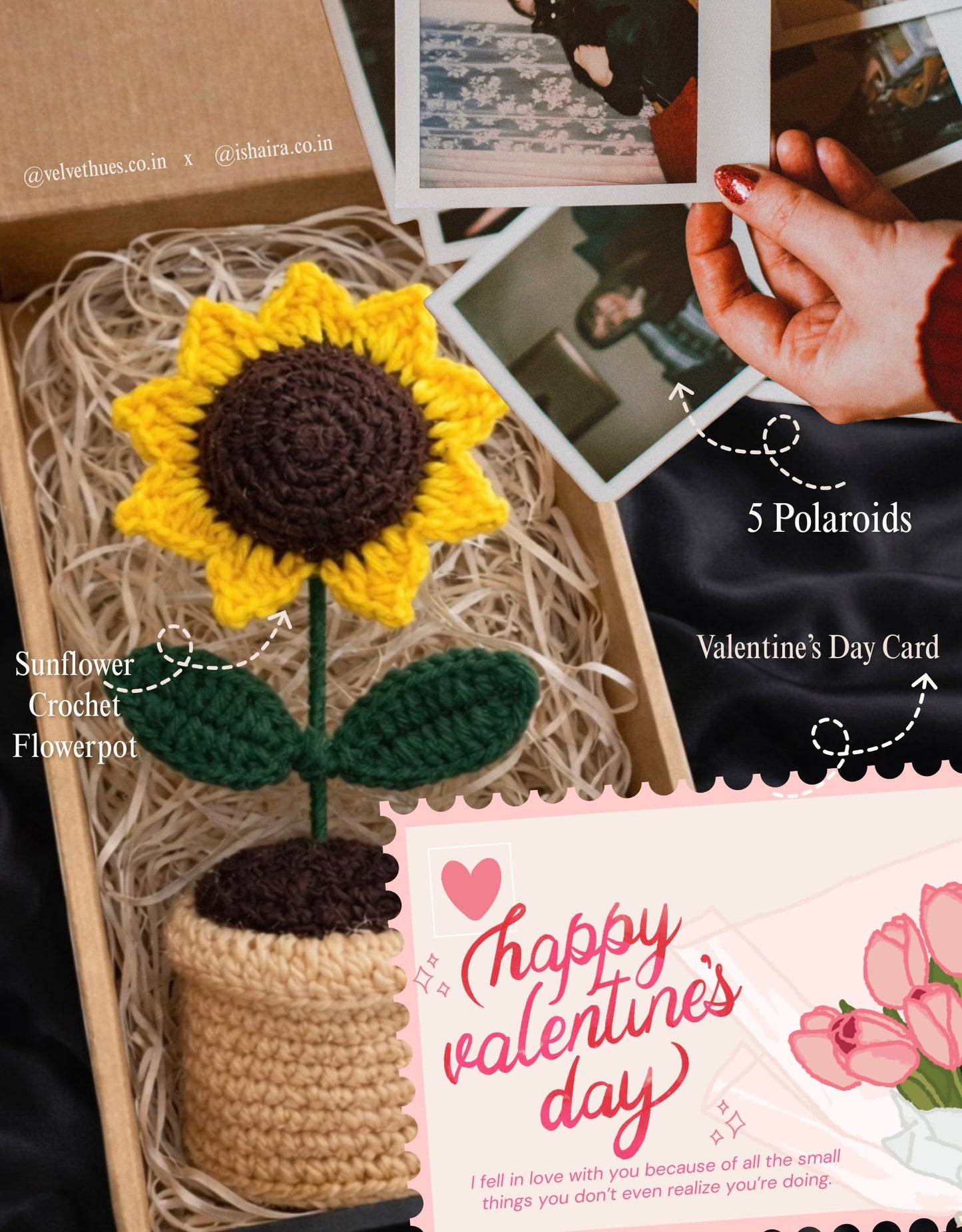 Sunflower Crochet Flower Pot with card and 5 Polaroids (Valentine’s Day Combo)