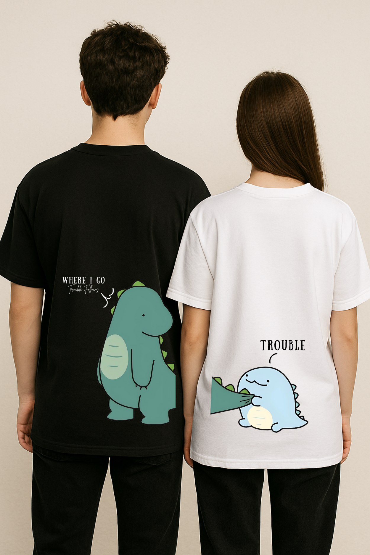 Pack of 2: Dinosaurs with Custom Texts Matching Oversized T-shirts (Back Side Printed)