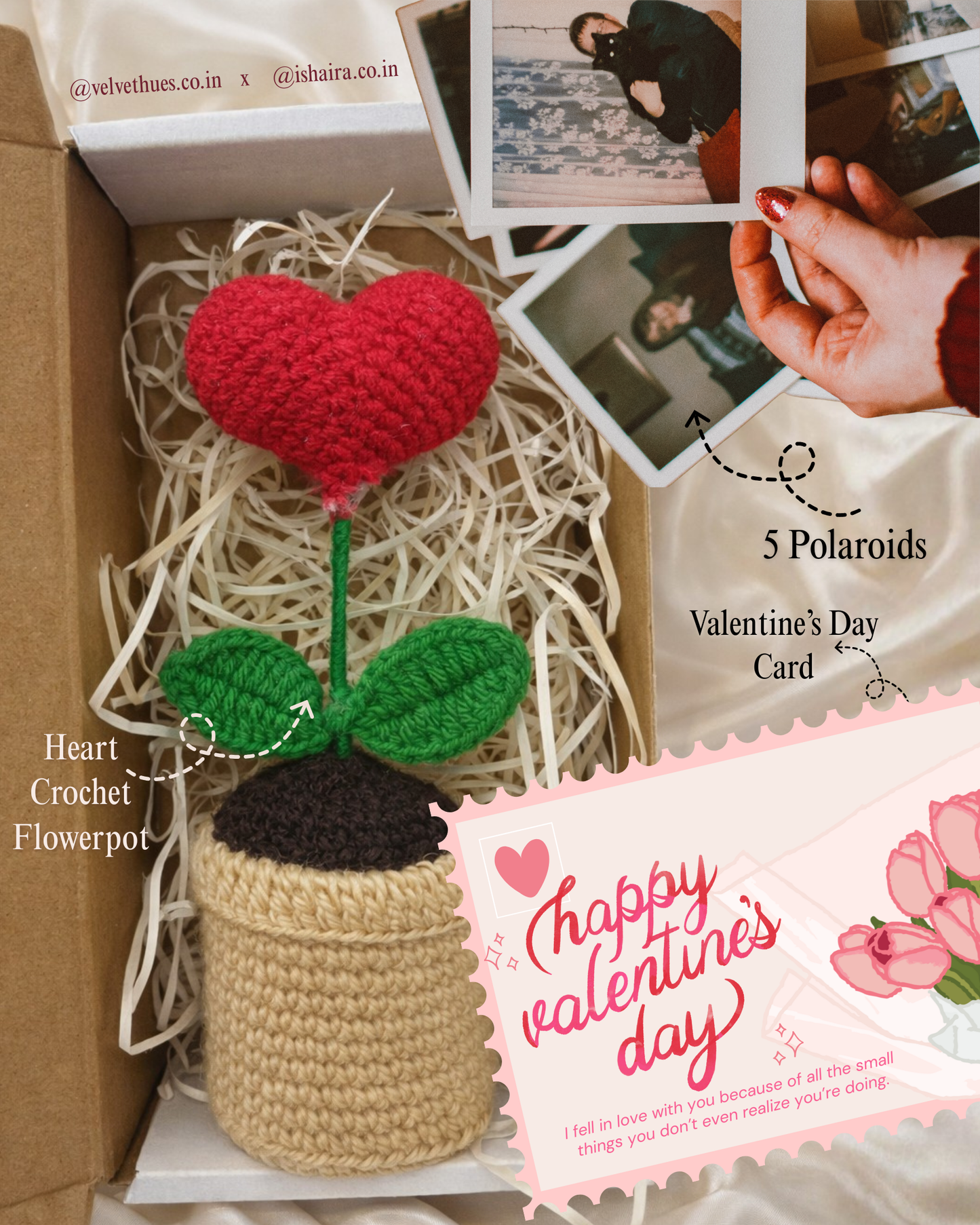 Heart Crochet Flower Pot with card and 5 Polaroids (Valentine’s Day Combo)