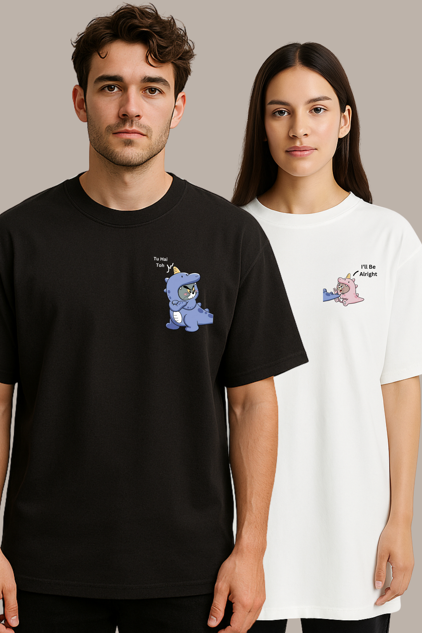 Pack of 2: Tom and Jerry with Custom Text Matching Oversized T-shirts (Front Side Printed)