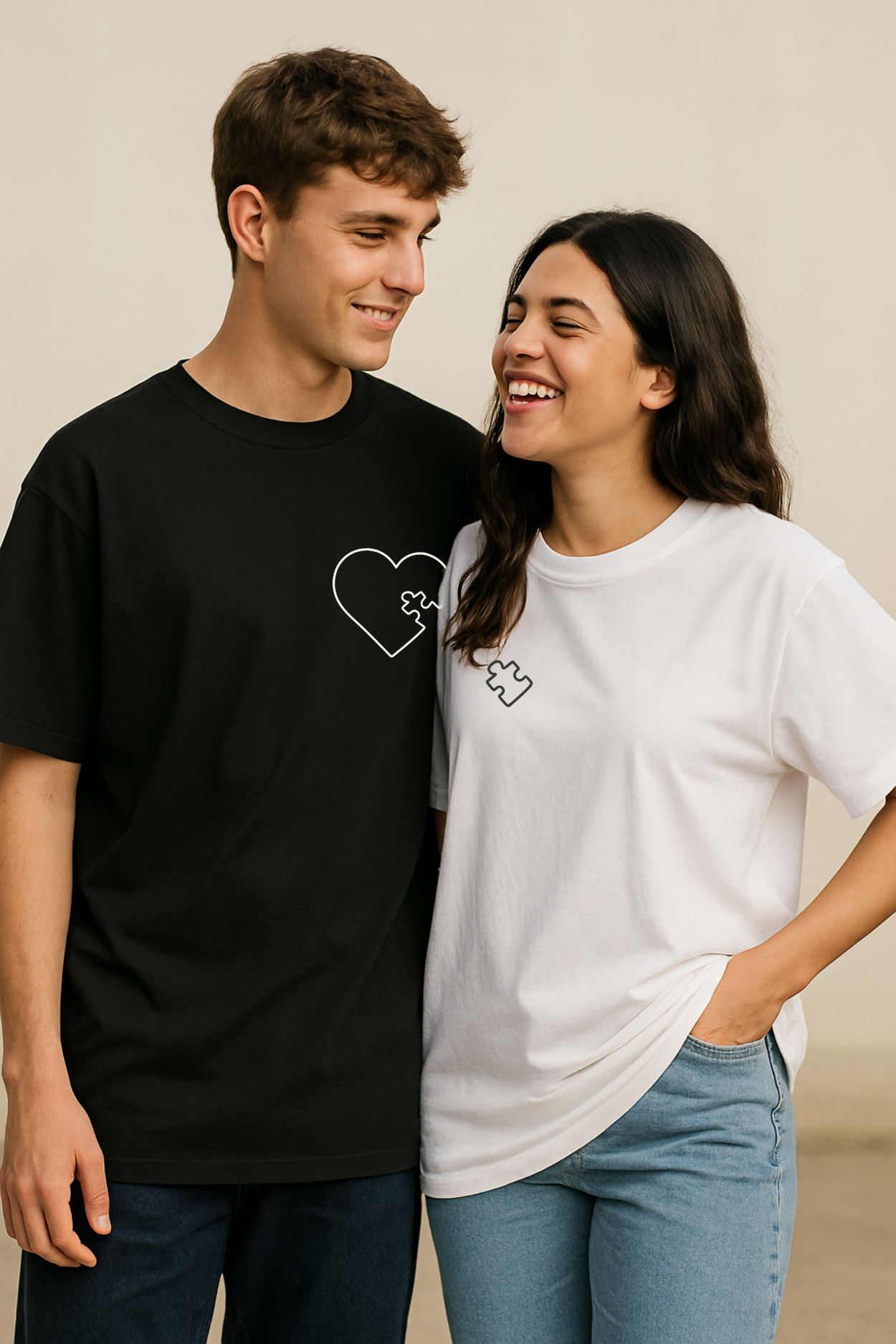 Pack of 2: Heart and Missing Puzzle Piece Matching Oversized T-shirts (Front Side Printed)
