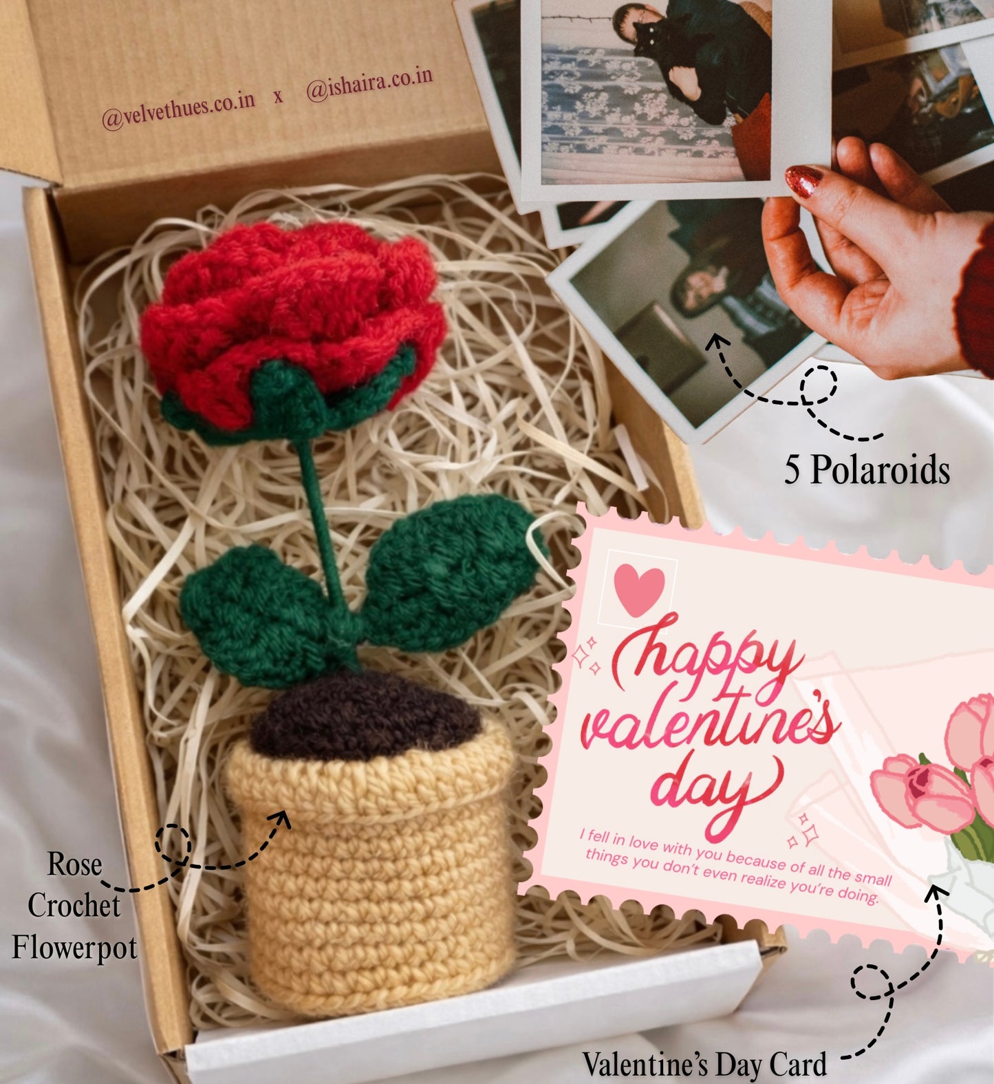 Rose Crochet Flower Pot with card and 5 Polaroids (Valentine’s Day Combo)