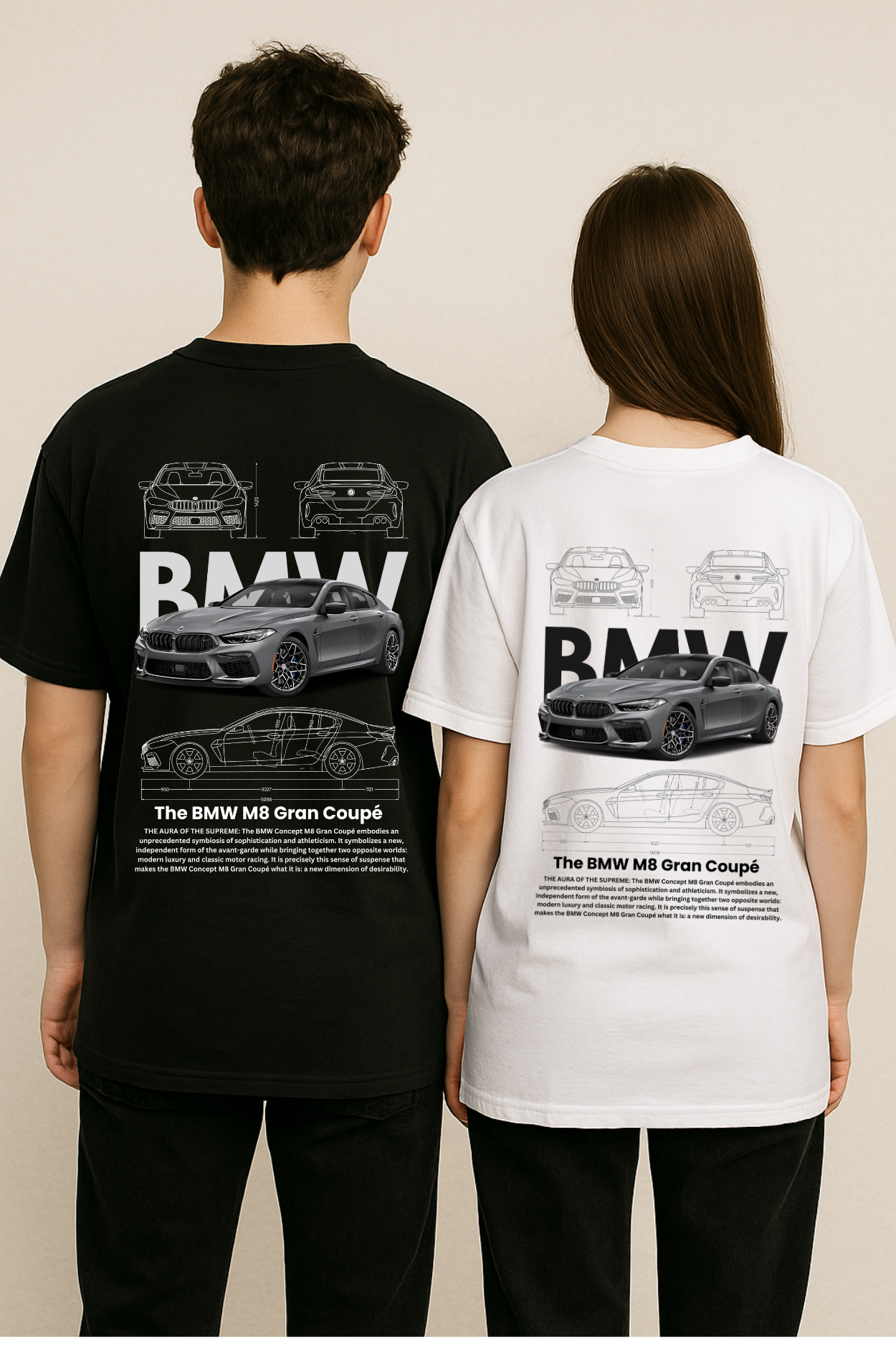 Pack of 2: BMW M8 Gran Couple Matching Oversized T-shirts (Back Side Printed)