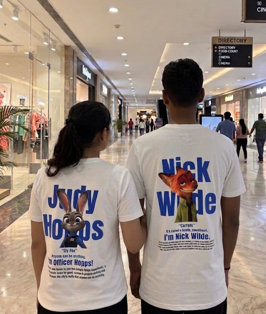 Pack of 2: Judy and Nick Zootopia Matching White Regular Fit T-shirts (Back Side Printed)