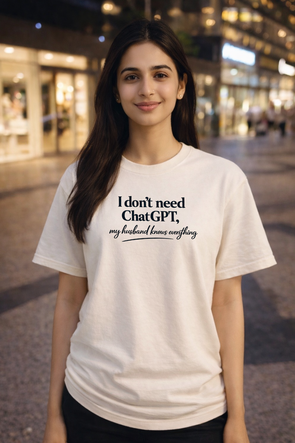 I don’t need ChatGPT, my husband knows everything Oversized T-shirt (Front side printed)