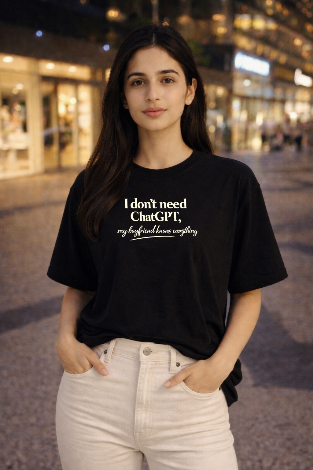 I don’t need ChatGPT, my boyfriend knows everything Oversized T-shirt (Front side printed)