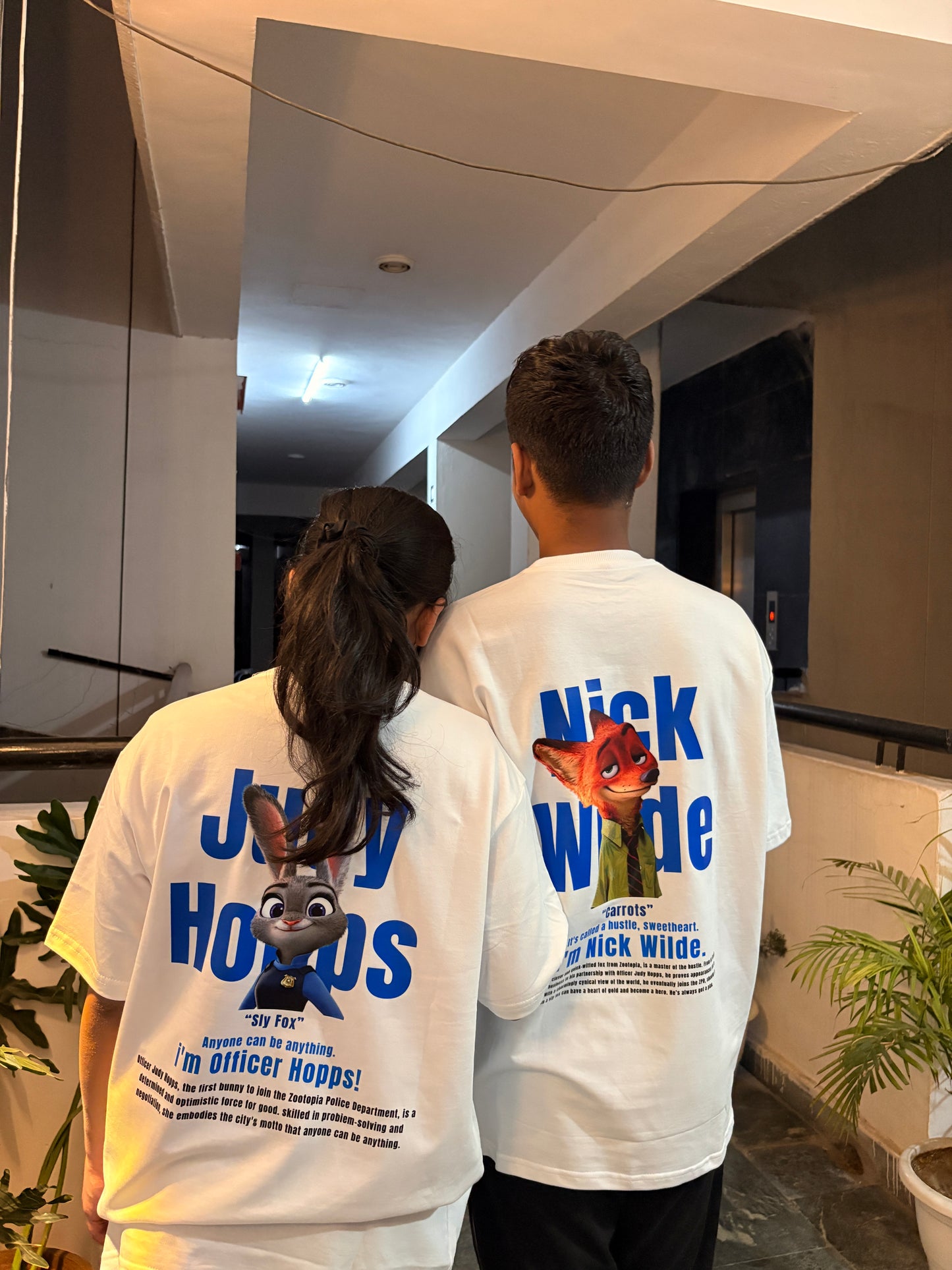 Pack of 2: Nick and Judy Zootopia Matching White Oversized T-shirts (Back Side Printed)