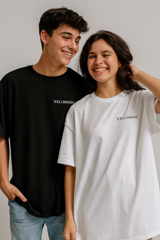 Pack of 2: Custom Roman Date Matching Oversized T-shirts (Front Side Printed)