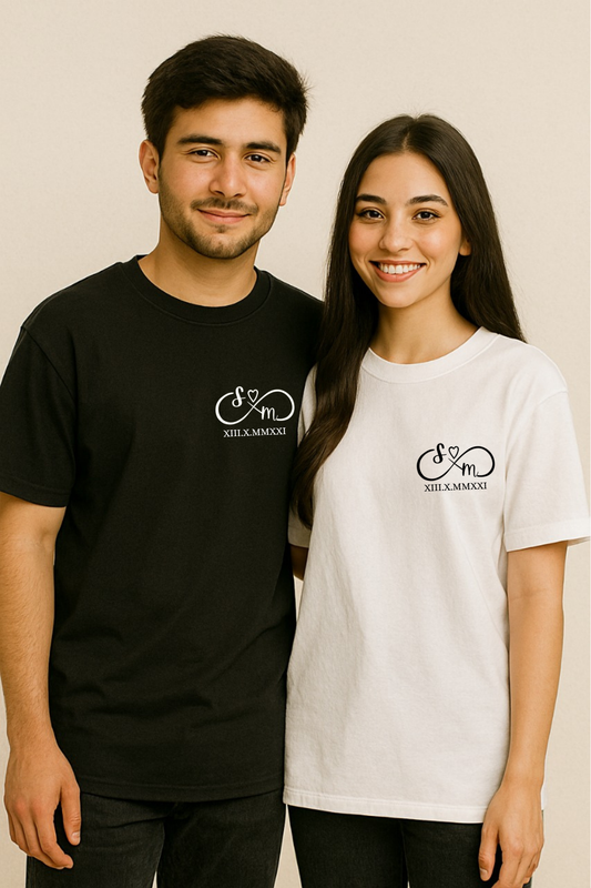 Pack of 2: Name Initials Infinity Loop with Custom Text Matching Oversized T-shirts (Front Side Printed)
