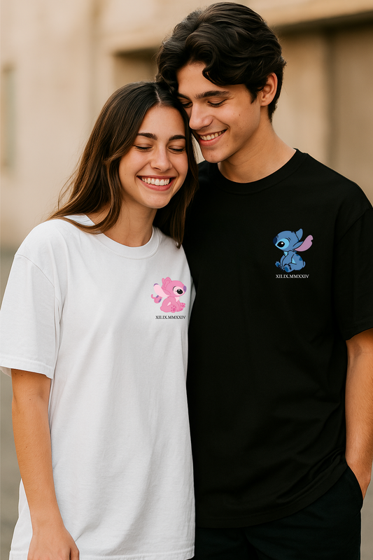 Pack of 2: Cute Angel and Stitch with Custom Text Matching Oversized T-shirts (Front Side Printed)