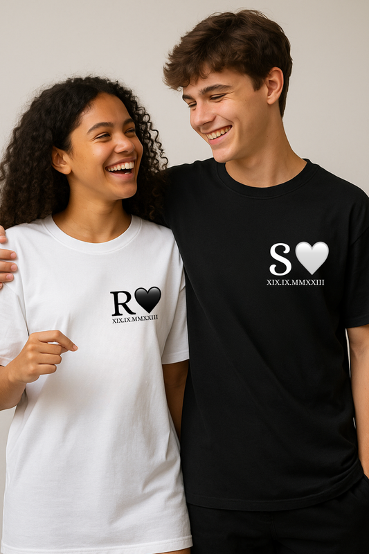 Pack of 2: Name Initial Heart with Custom Roman Date Matching Oversized T-shirts (Front Side Printed)