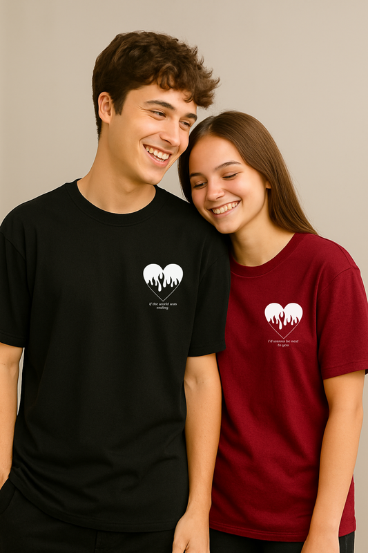 Pack of 2: Fire Heart with Custom Text Matching Oversized T-shirts (Front Side Printed)