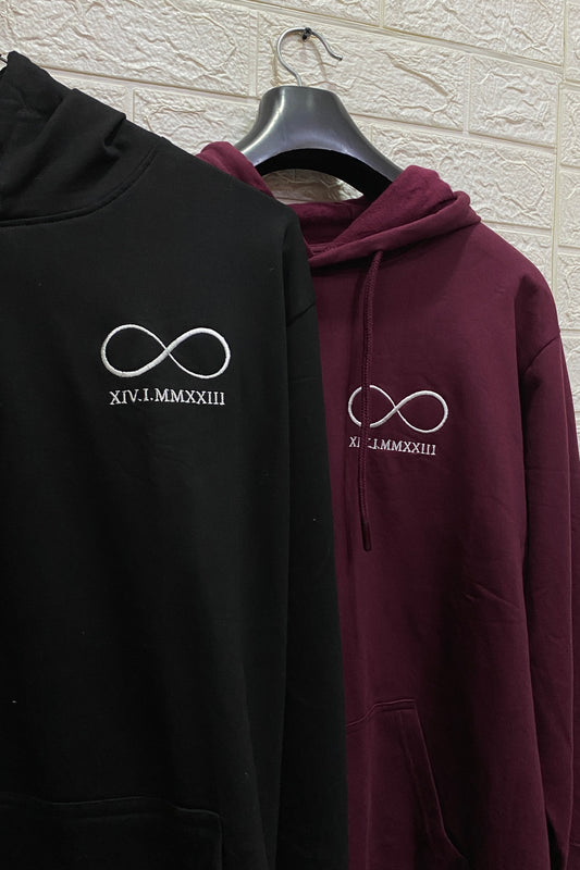 Pack of 2: Custom Roman Date with Infinity Loop Embroidered Couple Hoodies
