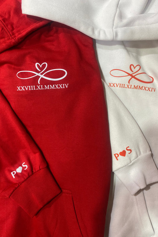 Pack of 2: Infinity Loop with Roman Date and Custom Printed Sleeves Couple Hoodies