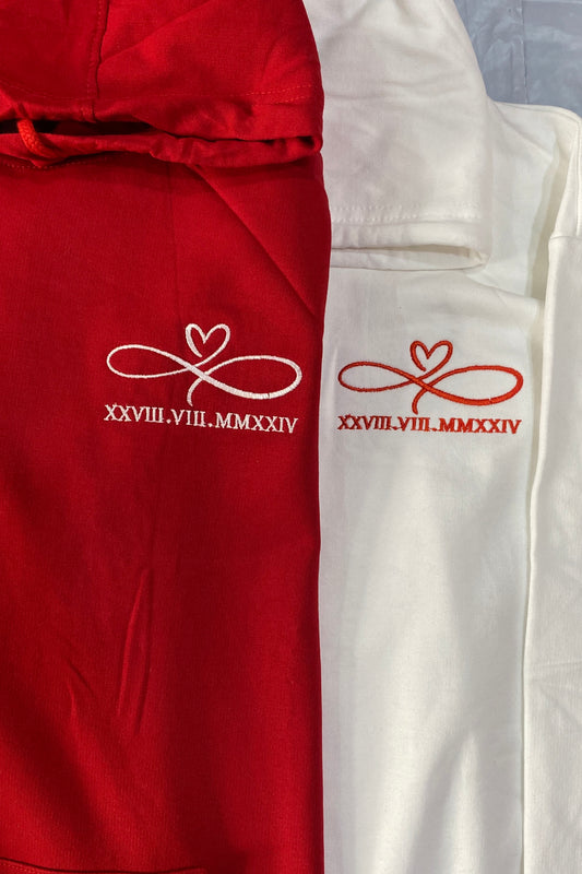 Pack of 2: Infinity Heart Loop with Roman Date Embroidered Couple Hoodies
