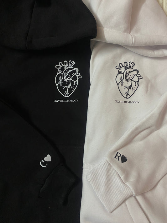 Pack of 2: Heart with Roman Date Matching Hoodies and printed sleeves