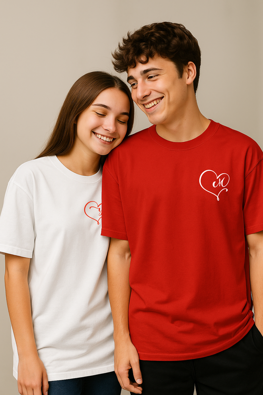 Pack of 2: Custom Name Initial Heart Matching Oversized T-shirts (Front Side Printed)