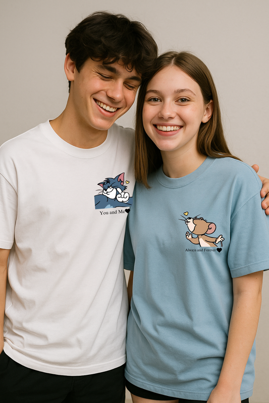 Pack of 2: Tom and Jerry with Custom Text Matching Oversized T-shirts (Front Side Printed)