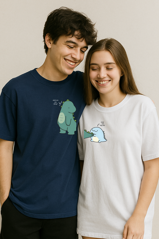 Pack of 2: Dinosaurs with Custom Texts Matching Oversized T-shirts (Front Side Printed)
