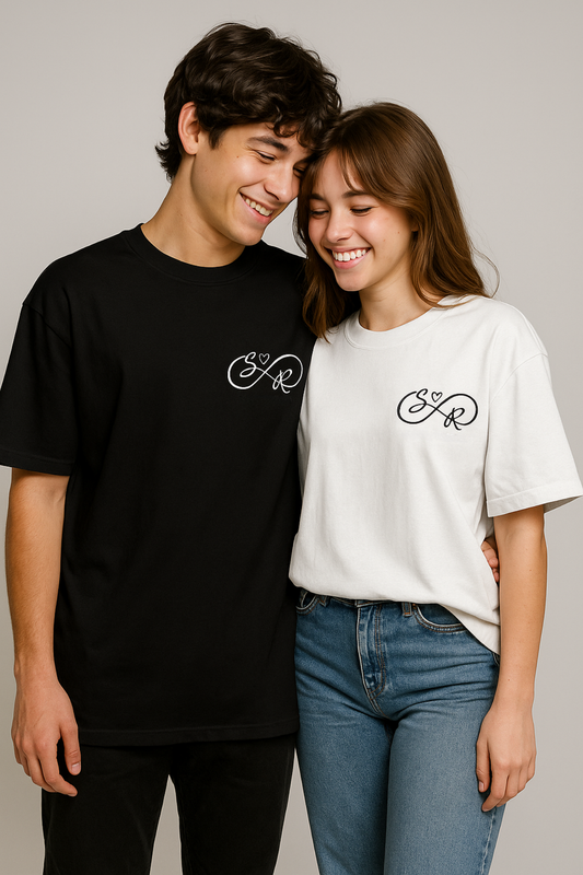 Pack of 2: Name Initials Infinity Loop Matching Oversized T-shirts (Front Side Printed)