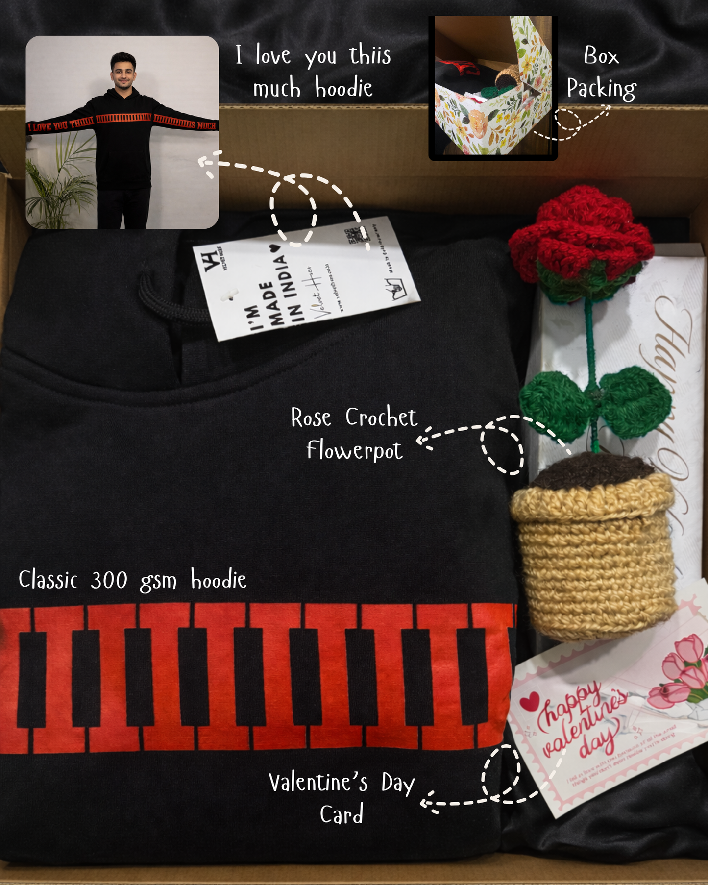 I love you this much classic hoodie and crochet flower pot hamper (Valentine’s Day Special)