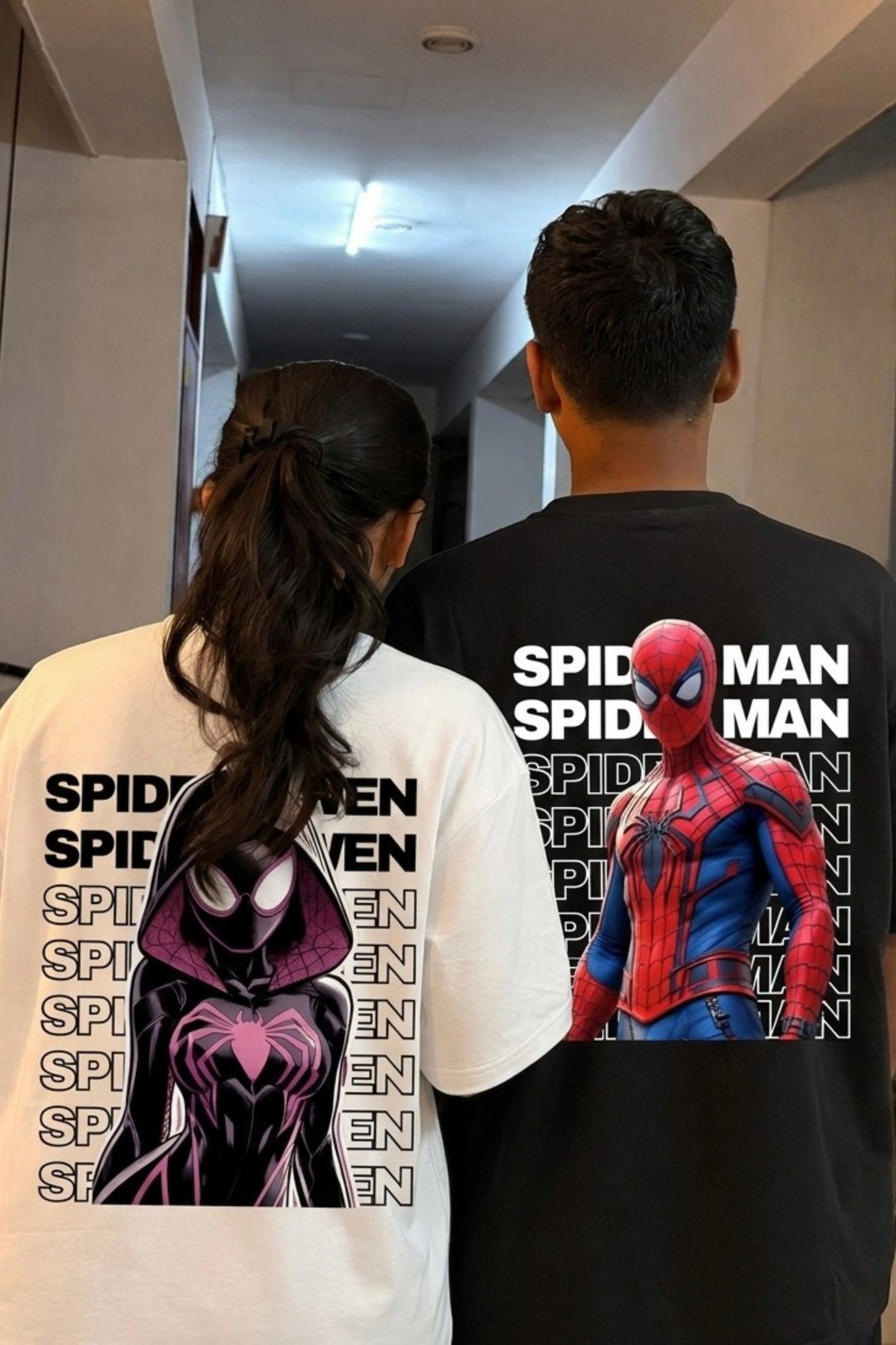 Pack of 2: Spider-Man and Spider-Gwen Matching Oversized T-shirts (Both Side Printed)