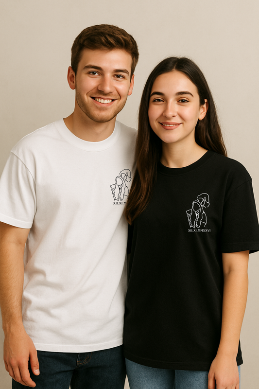 Pack of 2: Customised Line Art with Custom Text Matching Oversized T-shirts (Front Side Printed)