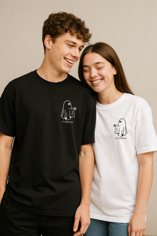 Pack of 2: Ghost Hands Making Heart with Custom Text Matching Oversized T-shirts (Front Side Printed)