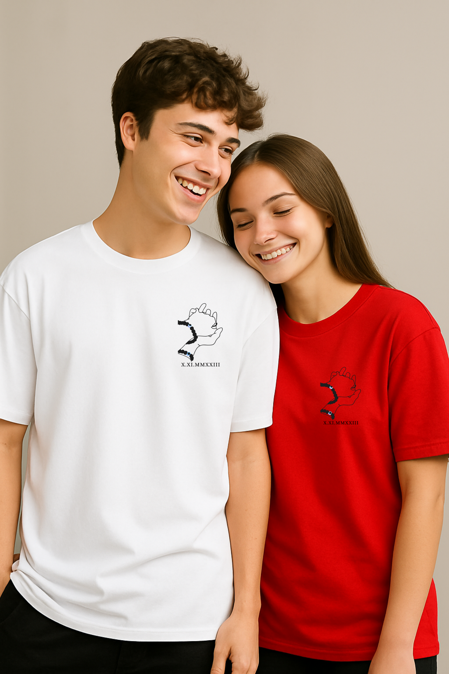 Pack of 2: Customised Line Art with Custom Text Matching Oversized T-shirts (Front Side Printed)
