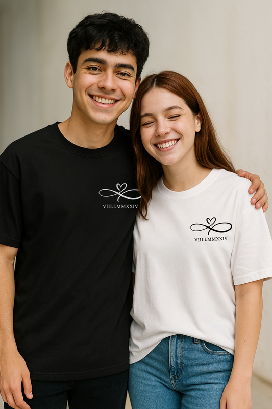 Pack of 2: Infinity Heart Loop with Custom Text Matching Oversized T-shirts (Front Side Printed)