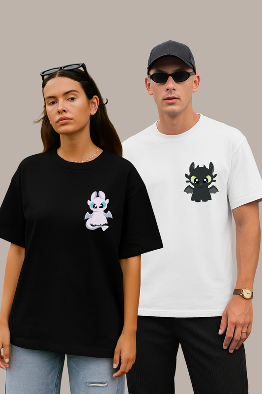 Pack of 2: Light Fury and Toothless Matching Oversized T-shirts (Front Side Printed)