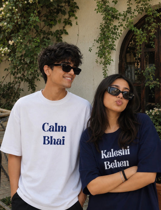 Pack of 2: Calm Bhai and Kaleshi Behen Matching Oversized T-shirts (Front Side Printed)