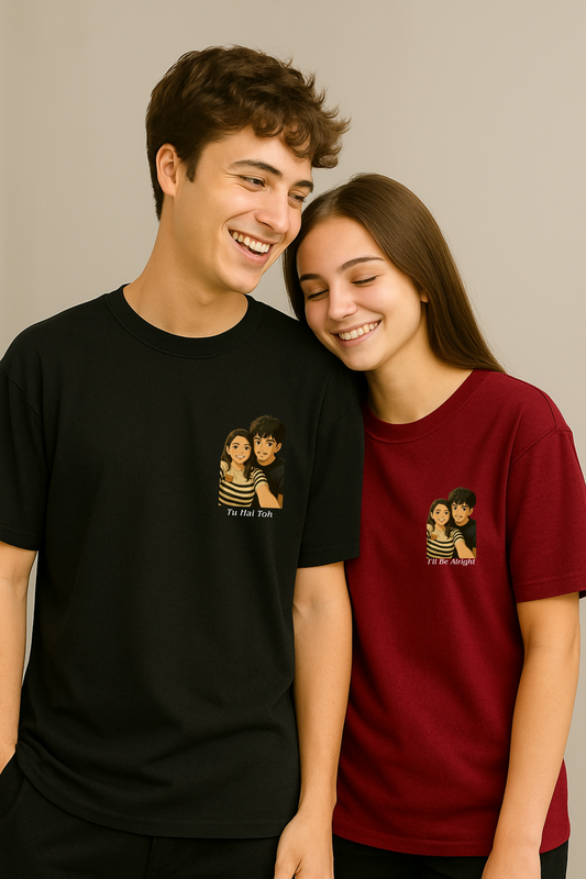 Pack of 2: Ghibli Art with Custom Text Matching Oversized T-shirts (Front Side Printed)
