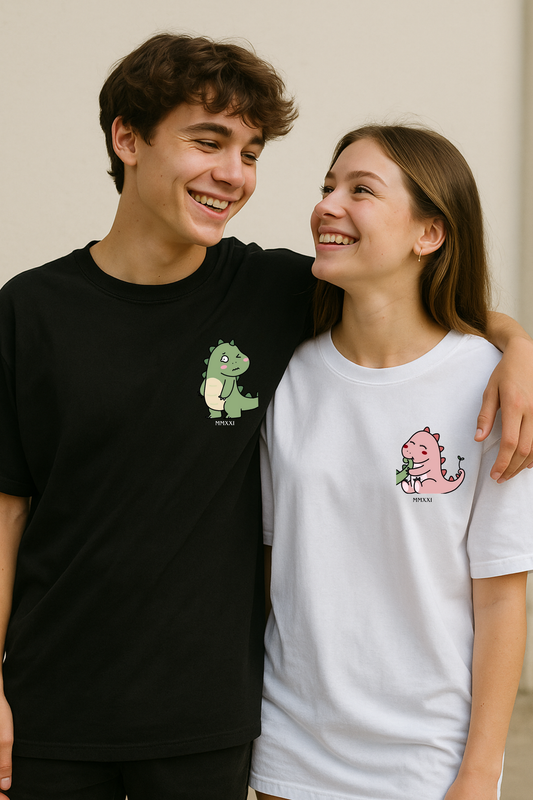 Pack of 2: Dinosaurs with Custom Text Matching Oversized T-shirts (Front Side Printed)