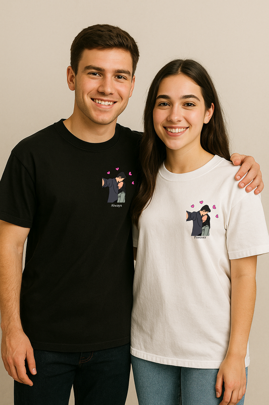 Pack of 2: Coloured Illustration with Custom Text Matching Oversized T-shirts (Front Side Printed)
