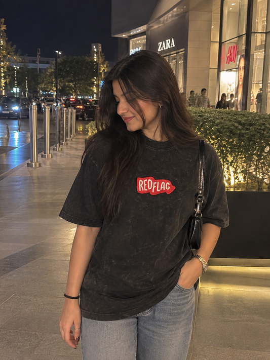 Red Flag Beaded Acid Wash Oversized T-shirt