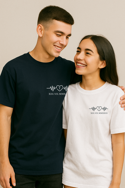 Pack of 2: Name Initial Heart Beat with Custom Text Matching Oversized T-shirts (Front Side Printed)