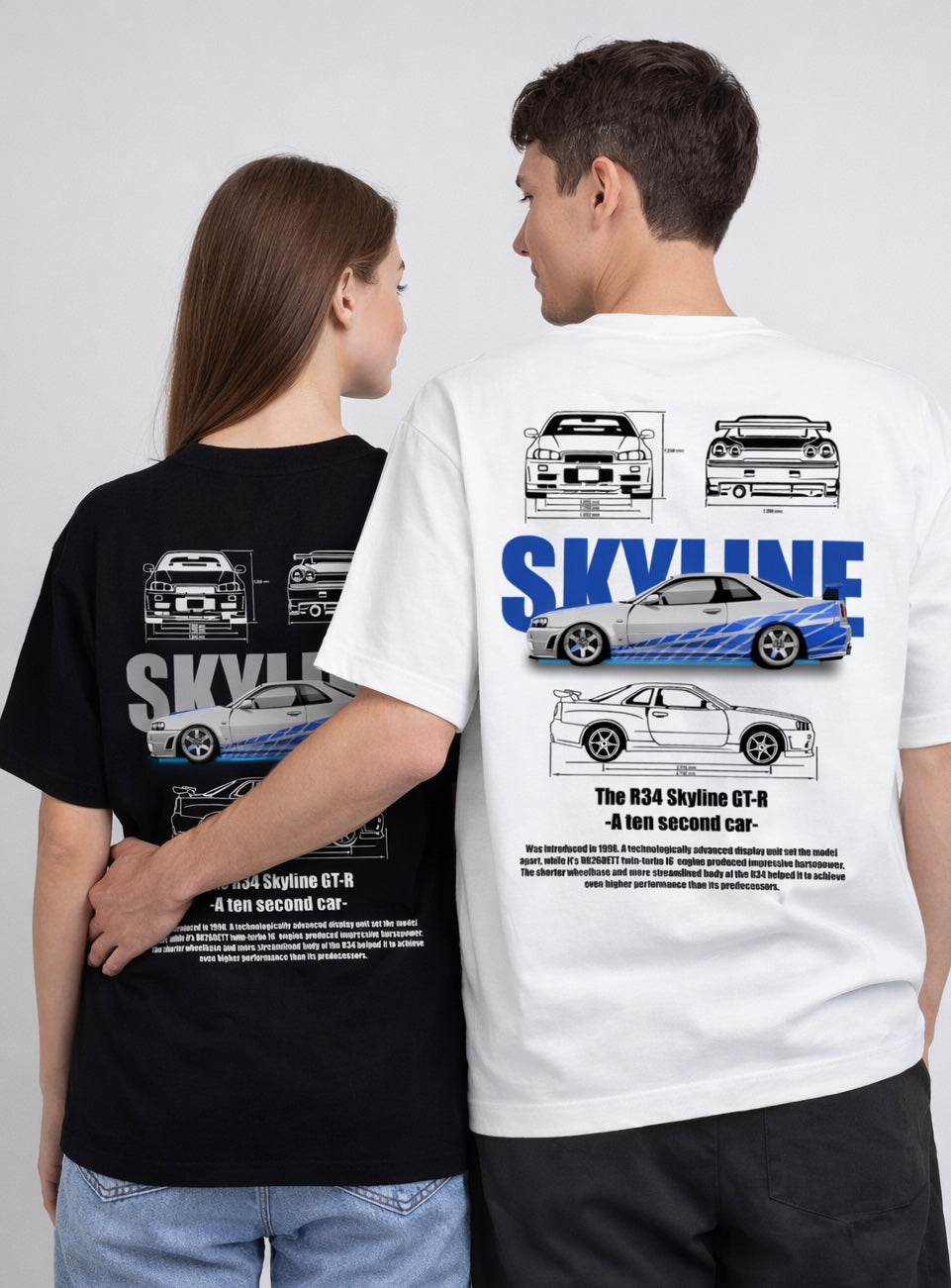 Pack of 2: R34 Skyline GT-R Matching Oversized T-shirts (Back Side Printed)