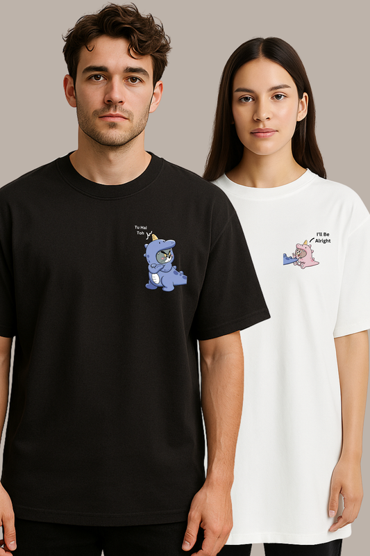 Pack of 2: Tom and Jerry with Custom Text Matching Oversized T-shirts (Front Side Printed)