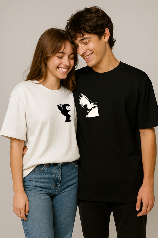 Pack of 2: Catwoman and Batman Matching Oversized T-shirts (Front Side Printed)