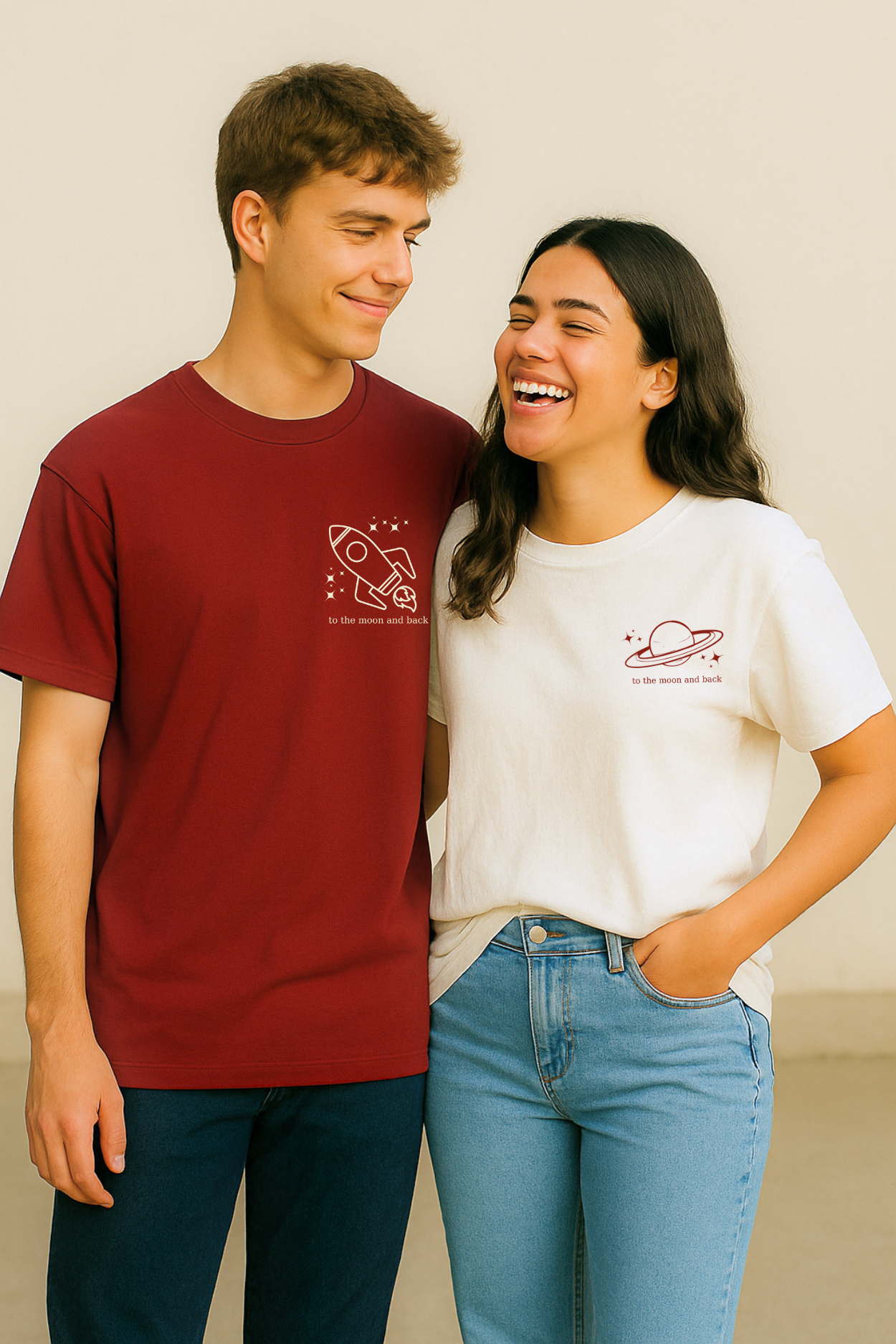 Pack of 2: Rocket and Saturn with Custom Text Matching Oversized T-shirts (Front Side Printed)