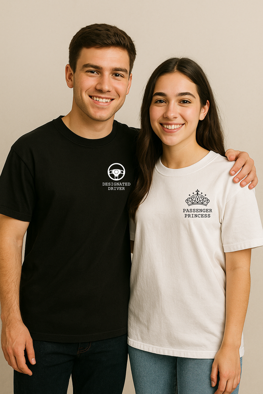 Pack of 2: Designated Driver and Passenger Princess Matching Oversized T-shirts (Front Side Printed)
