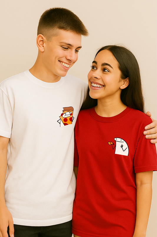 Pack of 2: Eating Pizza Slice Doodles Matching Oversized T-shirts (Front Side Printed)