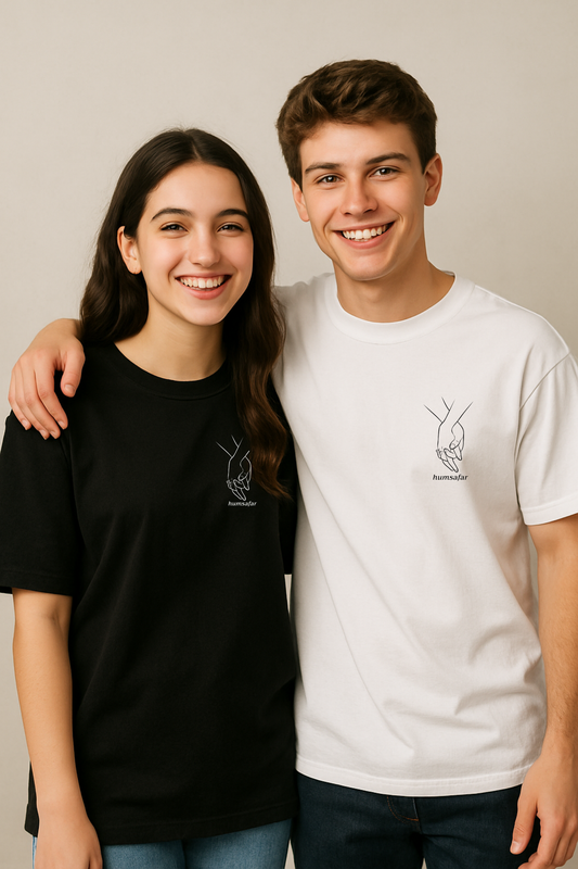 Pack of 2: Holding Hands with Custom Text Matching Oversized T-shirts (Front Side Printed)