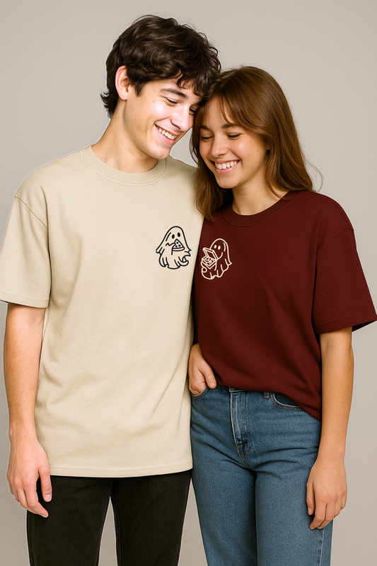 Pack of 2: Pizza Loving Ghosts Matching Oversized T-shirts (Front Side Printed)