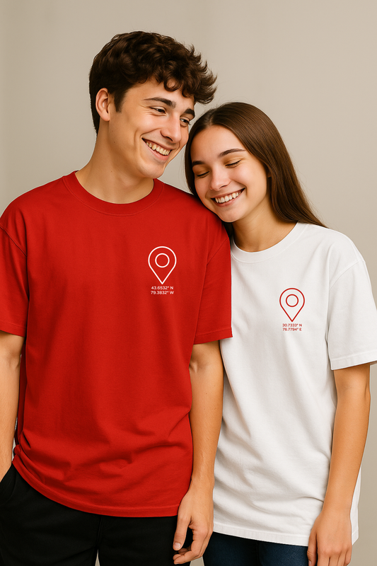 Pack of 2: Custom Coordinates with Location Pin Matching Oversized T-shirts (Front Side Printed) Long Distance Relationship/Friendship