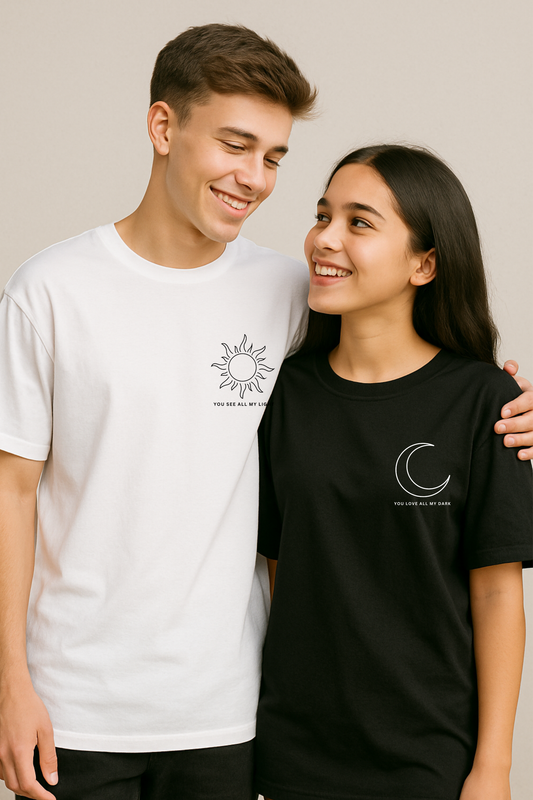 Pack of 2: Sun And Moon with Custom Text (You see all my light, You love all my dark) Matching Oversized T-shirts (Front Side Printed)