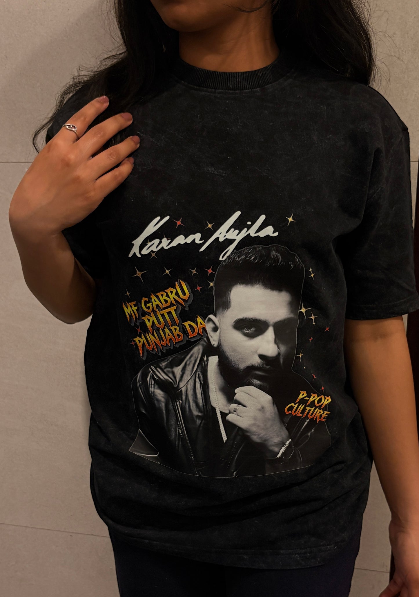 Karan Aujla P-Pop Culture Concert Acid Wash Oversized T-shirt (Mahol Pura Wavy)