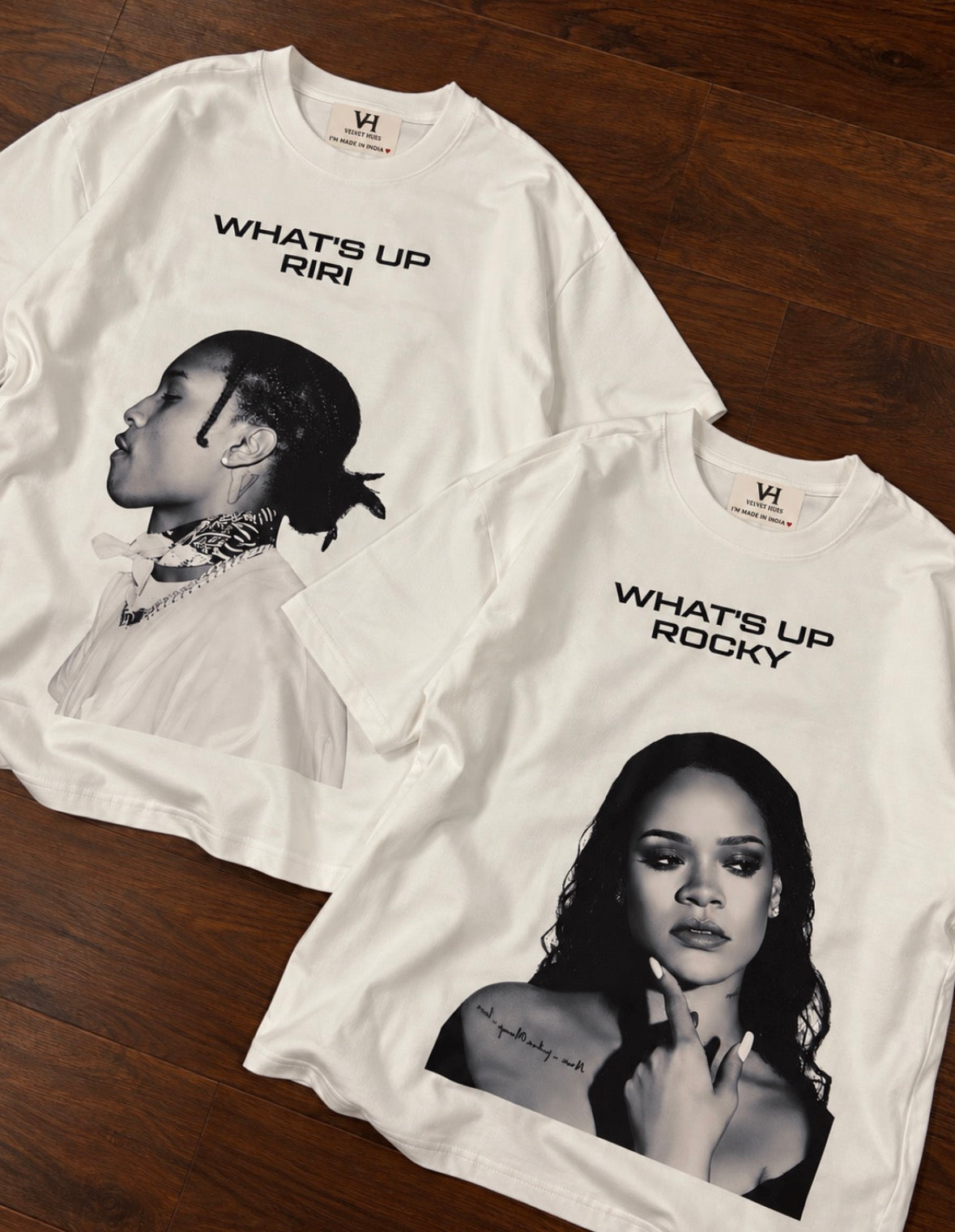 Pack of 2: What’s Up Riri & What’s Up Rocky Matching White Oversized T-shirts (Front Side Printed)