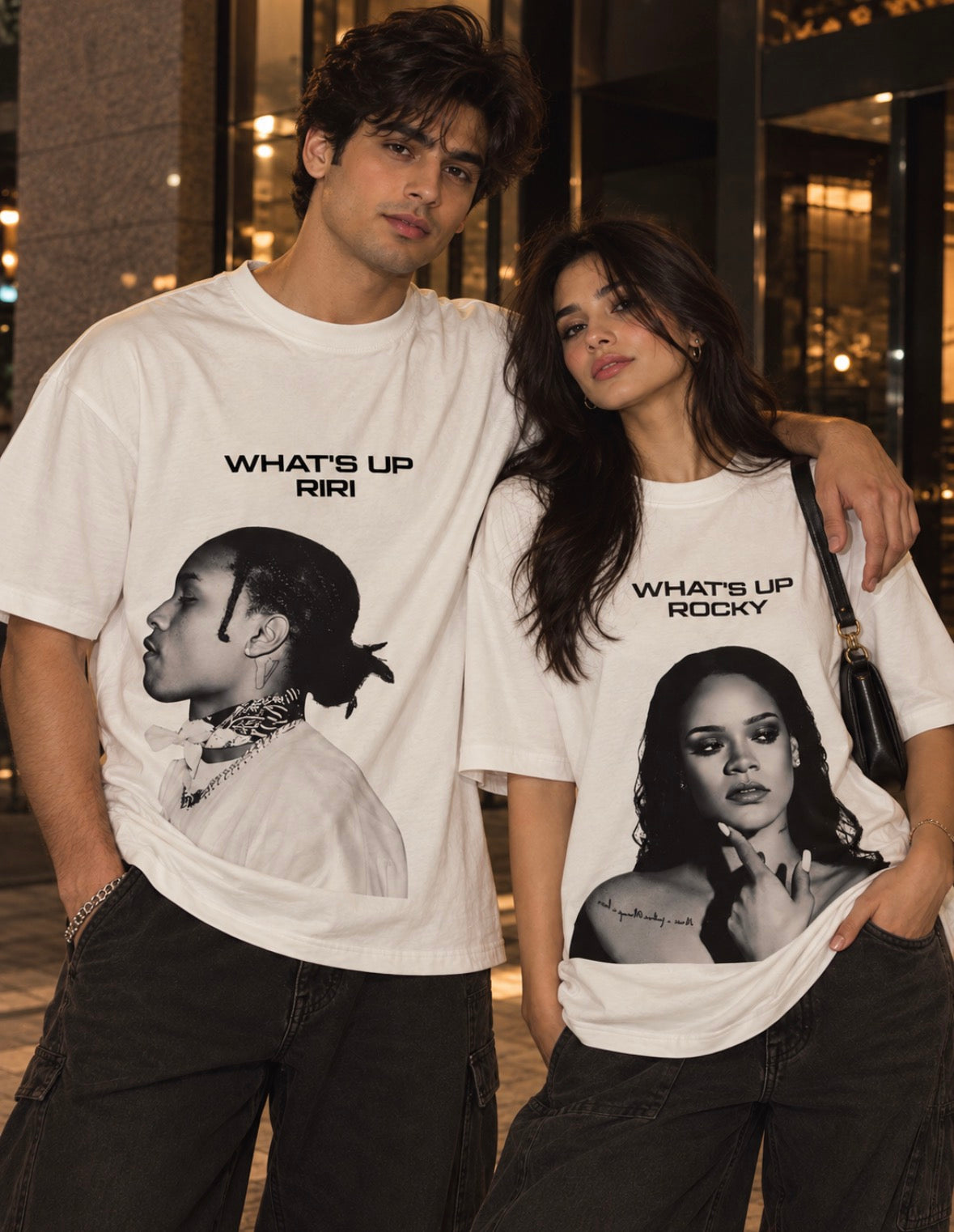 Pack of 2: What’s Up Riri & What’s Up Rocky Matching White Oversized T-shirts (Front Side Printed)
